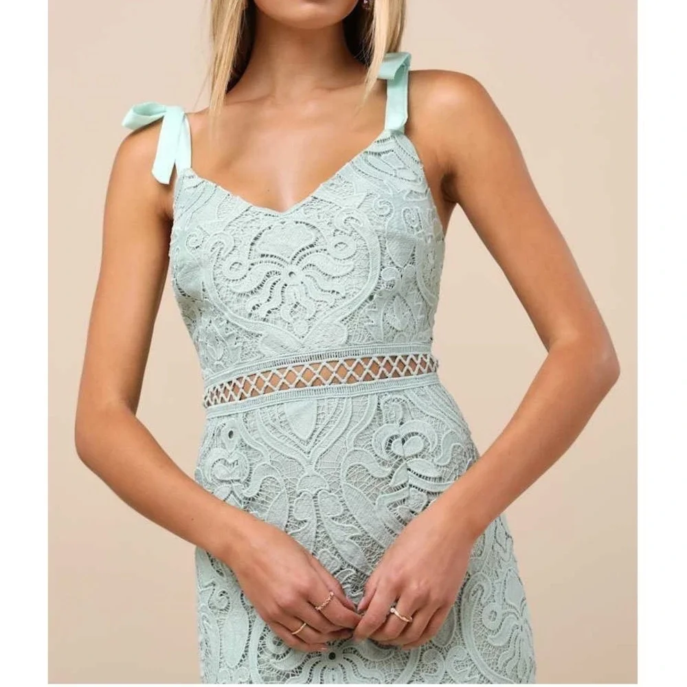 NWT Lulus‎ Won Your Heart Sage Green Lace Tie-Strap High-Low Midi Dress Small